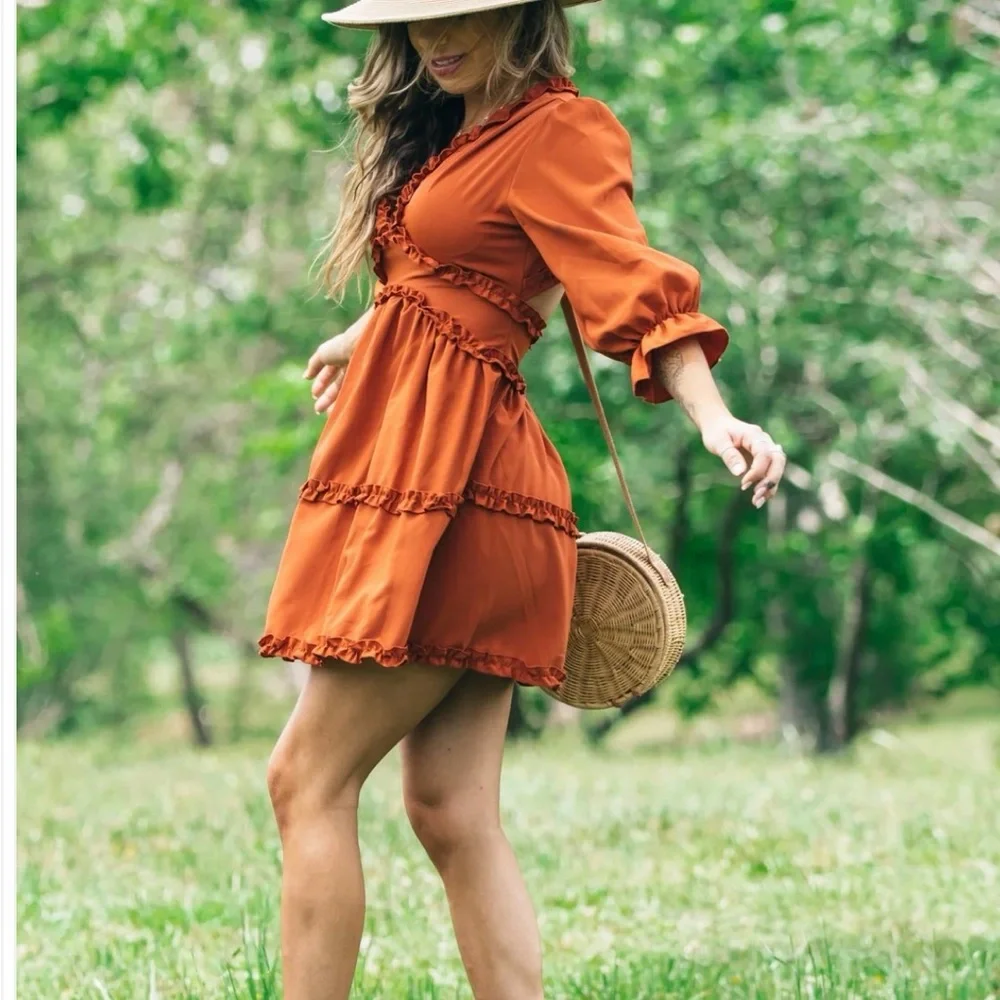 Flowy Open Back Cinnamon Mini Dress size Small - Picture 3 of 8